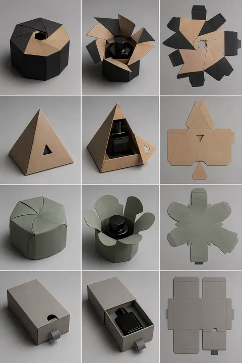 一张高端工业设计作品集风格的九宫格拼贴图，呈现多款纸质香水包装结构与展开刀版，结合俯视与三分之四视角，整体采用极简摄影棚布光，深灰至暖灰纯色背景，材质真实细腻， - AI生成图片 1