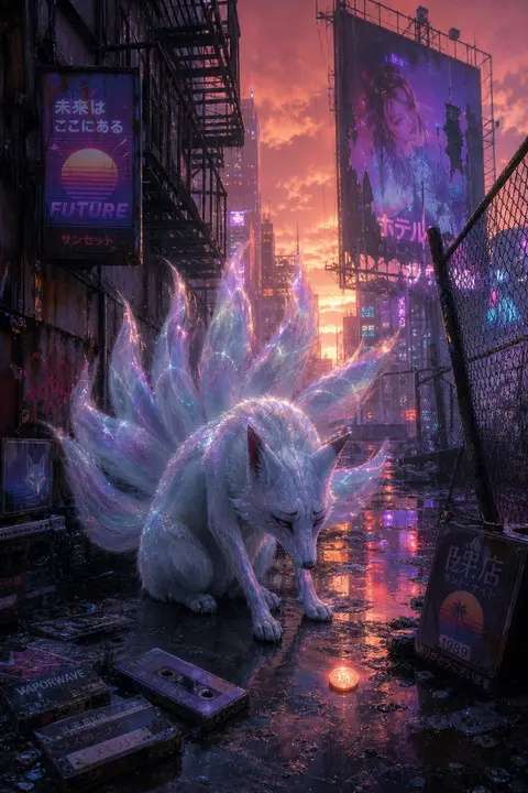 A melancholic nine-tailed fox spirit crouched in a rain-soaked back alley of cor - AI生成图片 2