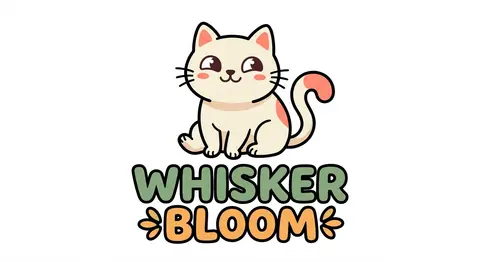 一个名为 Whisker Bloom 的品牌标识设计：主体是一只圆润、极具辨识度的卡通猫咪，使用简洁几何轮廓构成，神态灵动，带一点慵懒俏皮的松弛感。整体造型融入 - AI生成图片 1