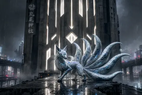 a mythical nine-tailed fox spirit poised on a fractured elevated transit spine a - AI生成图片 3