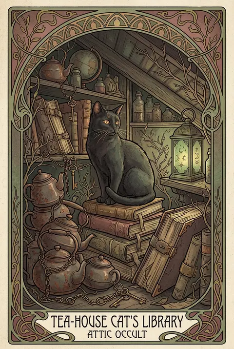 A tea-house cat perched inside a cozy cluttered attic library, half-lit by a sin - AI生成图片 1
