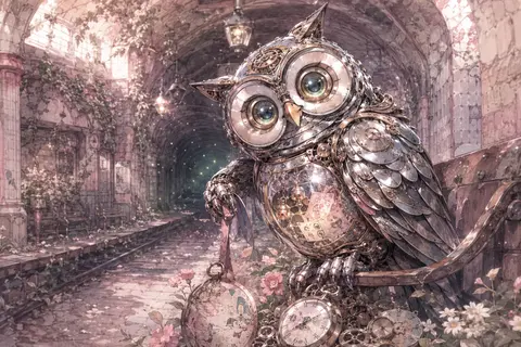 废弃地铁站台上的一只发条猫头鹰，作为画面唯一主角，超精细近距离竖构图，童话绘本风水彩插画；它由抛光铬金属与细密齿轮构成，圆润夸张却优雅灵动，双翼半拢像在偷偷藏着 - AI生成图片 1