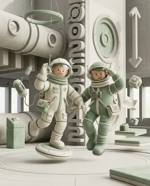 Two twin astronaut explorers with asymmetrical bobble-helmet silhouettes drift i - AI生成图片 2