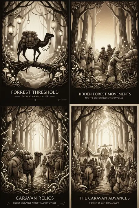 a desert nomad caravan crossing through a bioluminescent night forest, reimagine - AI生成图片 4