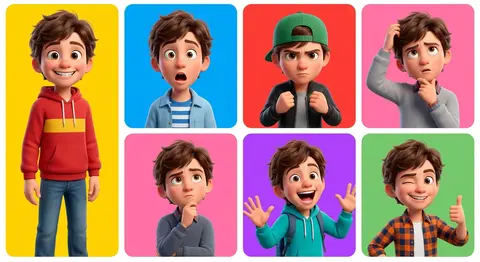 A 3D Pixar-style animated young male character showcased in a 6-panel grid layou - AI生成图片 3
