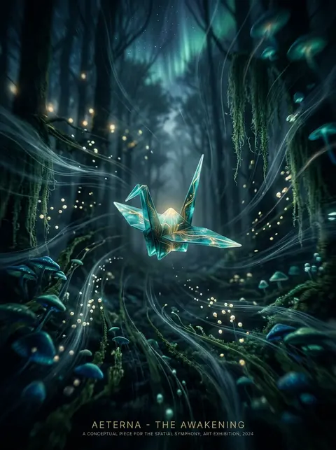 一只苏醒的折纸纸鹤以半透明树脂质感悬停在画面中央，成为静谧能量的核心，深青色与古董金为主调；幽暗发光的夜之森林向它缓缓弯折，荧光菌伞、漂浮孢子、细长藤脉与薄雾光 - AI生成图片 3