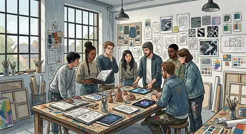 Contemporary art studio illustration with a circle of young adult creators revie - AI生成图片 1