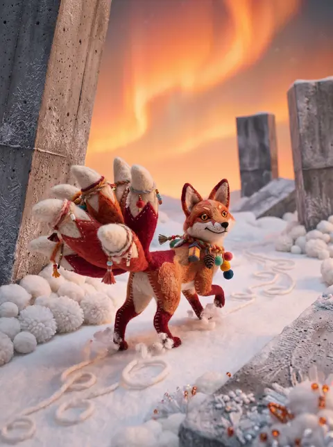 A whimsical nine-tailed fox spirit sculpted from plush felt prances across a fro - AI生成图片 2