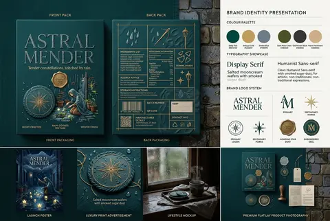 8K品牌视觉提案，一款虚构高端夜雨系手作甜点品牌“ASTRAL MENDER”的整套包装与形象展示；核心气质安静、亲密、珍贵、诗意，彻底避开常规食品商业风，采用 - AI生成图片 2