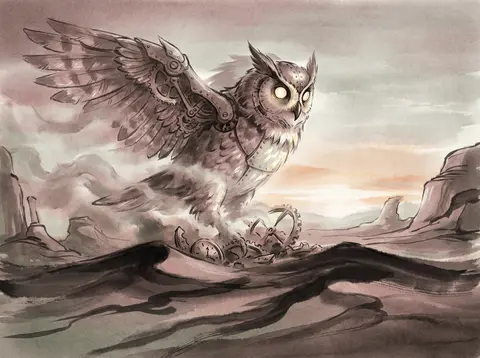 A mysterious and eerie traditional ink wash painting of a clockwork owl emerging - AI生成图片 1