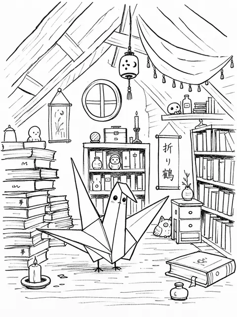 minimalist hand-drawn doodle illustration of a sentient origami paper crane in a - AI生成图片 2