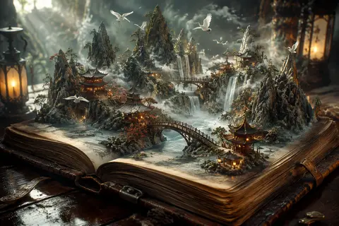 A centuries-old, storm-worn leather codex lies open across a polished midnight-m - AI生成图片 2