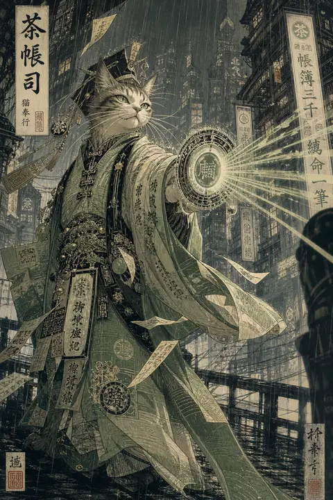 MOBA hero splash art of an enigmatic tea-house cat support-caster, a lean long-w - AI生成图片 2