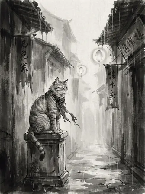 tea-house cat poised like a sovereign relic in a rain-soaked back alley, monumen - AI生成图片 1