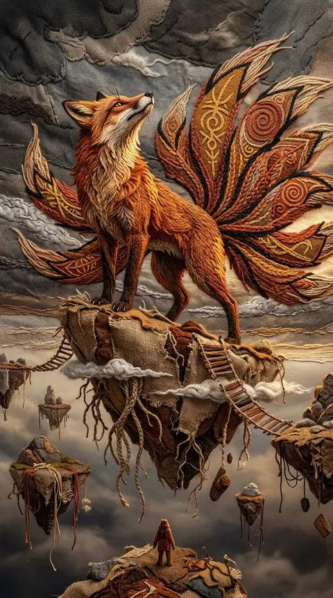 A looming nine-tailed fox spirit poised on the lip of a fractured sky island, se - AI生成图片 4
