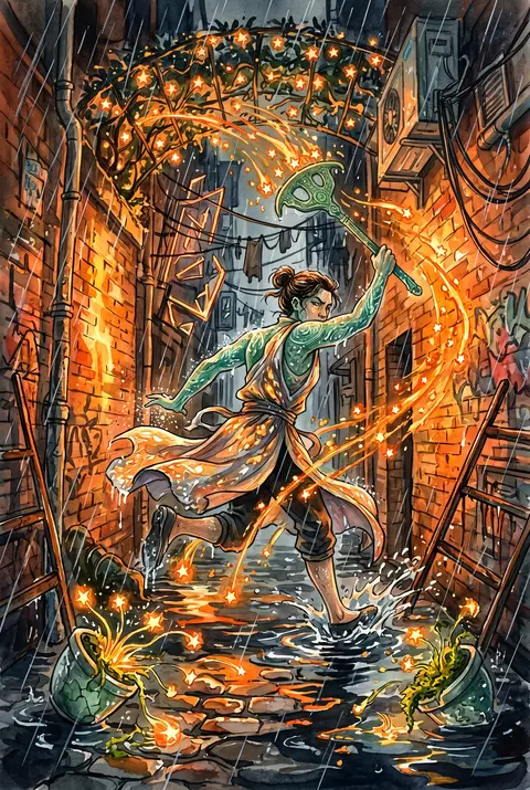 在暴雨冲刷的狭窄后巷里，一位天穹园丁正踩着积水飞奔，挥动刻满古老纹路的 carved jade 星耙，将一串串燃烧的微型星体从倾斜的夜空藤架上修剪、移栽、抛洒； - AI生成图片 1