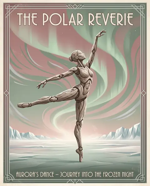 Dreamlike serene art deco travel poster of a robotic ballet dancer poised mid-ar - AI生成图片 2