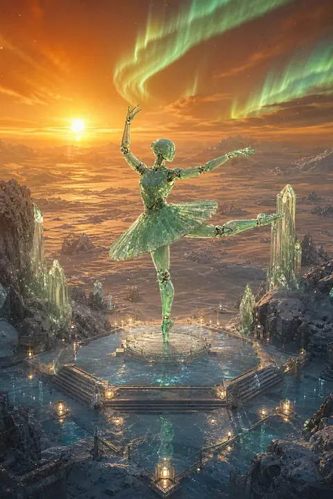 An epic isometric miniature scene of a robotic ballet dancer carved from luminou - AI生成图片 2