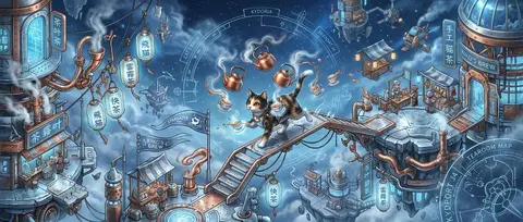 An isometric miniature scene of a frantic tea-house cat sprinting across floatin - AI生成图片 2