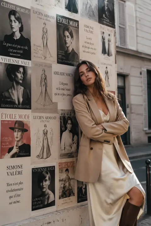 Full cinematic daylight fashion portrait of fashion muse Elara Voss leaning agai - AI生成图片 1