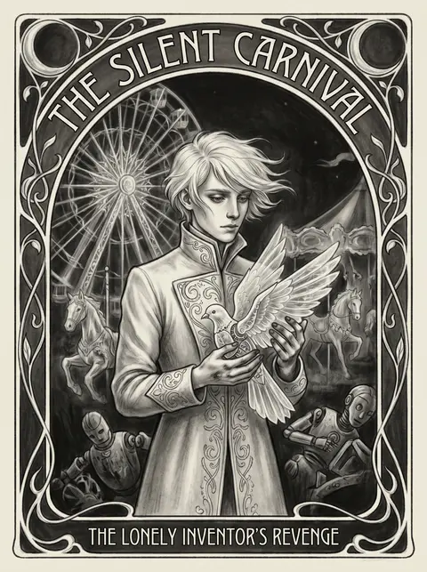An art nouveau poster of a young tinkering inventor standing alone beneath a mid - AI生成图片 3