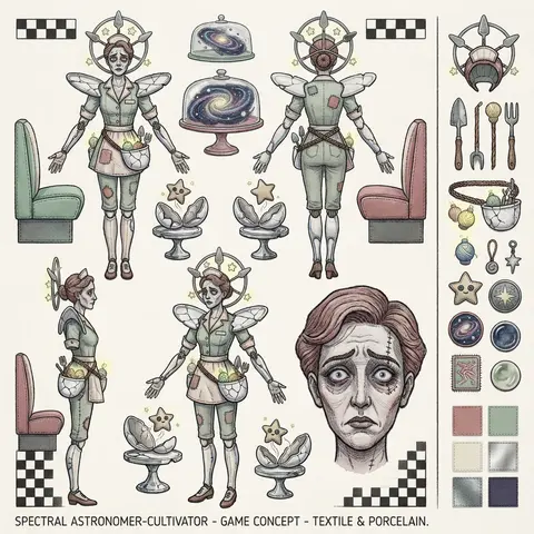 A spectral astronomer-cultivator in a waist-cinched diner uniform harvests tiny - AI生成图片 1