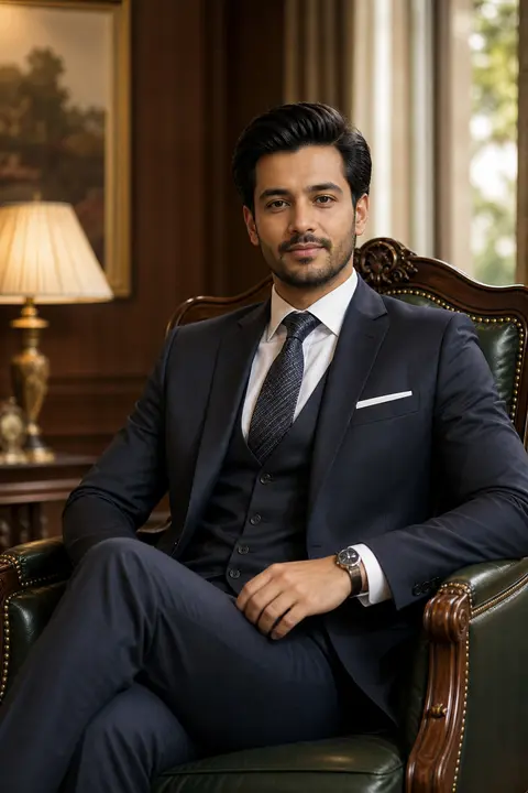 Sitting EleganceBody: Luxury chair par sidhi posture.Hands: Ek lap par, doosra a - AI生成图片 2