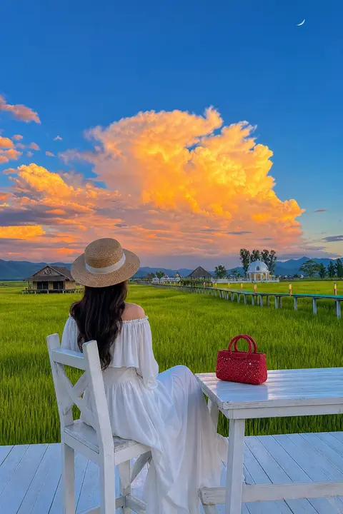 Vertical pastoral healing landscape portrait photography, back view of young wom - AI生成图片 2