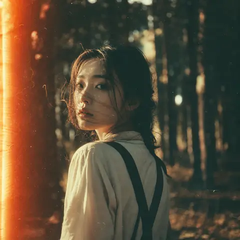 A moody 35mm film-still portrait of an Asian woman paused mid-turn in a secluded - AI生成图片 4