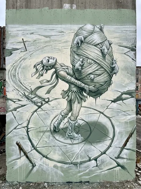 A masked carnival acrobat in mid-strain balances a massive cocoon-shaped relic w - AI生成图片 3