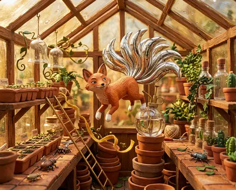 A mythic nine-tailed fox spirit drifts through a sunlit greenhouse of glazed ter - AI生成图片 3