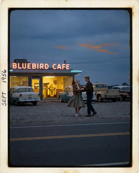 1956 roadside diner at blue hour, a young couple spontaneously slow dancing besi - AI生成图片 2