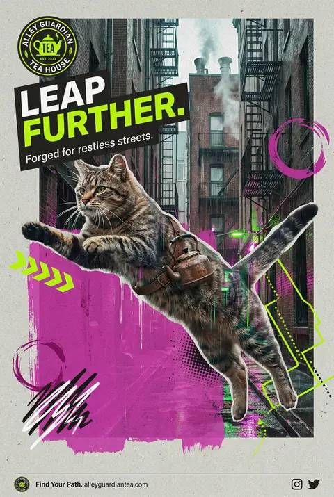 A monumental double-exposure campaign collage centered on a nimble tea-house cat - AI生成图片 2