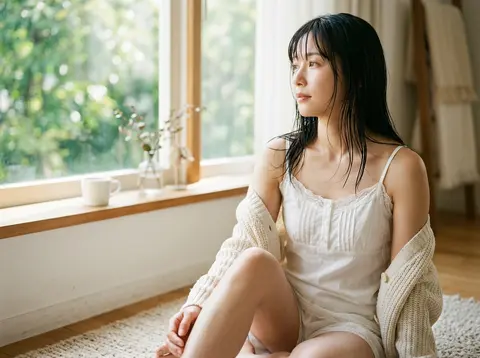 主題： 濡れ髪に朝光 主体： 白いルームウェア姿の成人女性が、明るい窓辺のラグに座っている縦長ポートレート。人物は画面中央からやや右に大きく配置し、頭頂から太 - AI生成图片 3