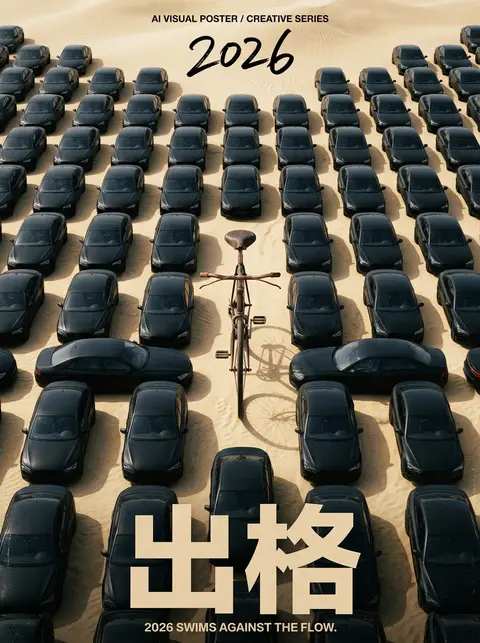 竖版 `3:4` 概念海报，高角度俯视构图，正上方直拍。整幅画面被大量整齐排列的同款哑光黑色现代轿车填满，车辆以高密度矩阵分布在平坦起伏极轻的淡金色沙漠沙丘表面 - AI生成图片 4