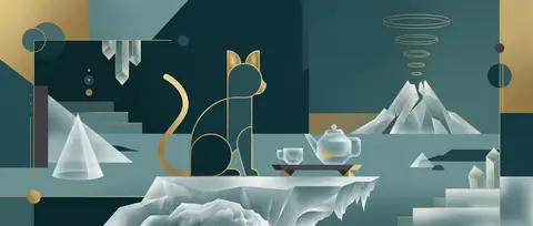 茶舍猫独坐于火山荒原中央，一枚小巧身影被重构为包豪斯几何海报式图形：圆弧耳、矩形躯干、细长尾巴化作优雅的金色曲线；四周不是自然地貌，而是由霜雾磨砂水晶构成的熔岩 - AI生成图片 1