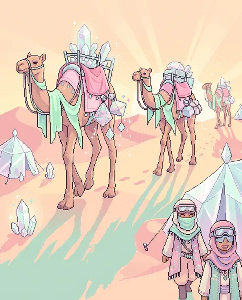 Joyful 16-bit pixel art panorama of a sunlit nomad caravan crossing a dawn deser - AI生成图片 3