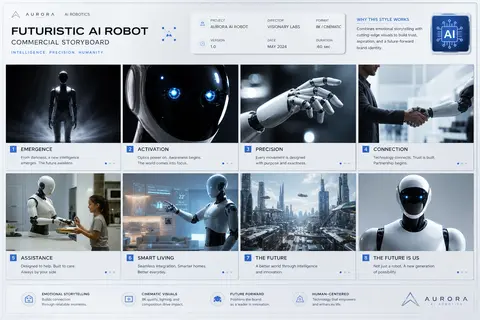 TITLE: Futuristic AI Robot Commercial Storyboard FORMAT: • Single-page premium - AI生成图片 2