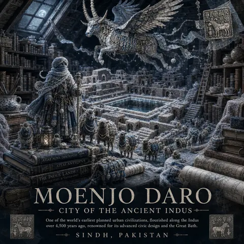 A haunting vertical travel-art poster for **MOENJO DARO, SINDH, PAKISTAN** reima - AI生成图片 2