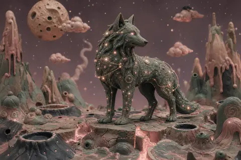 A serene claymation stop-motion tableau of a celestial wolf formed from tiny glo - AI生成图片 1
