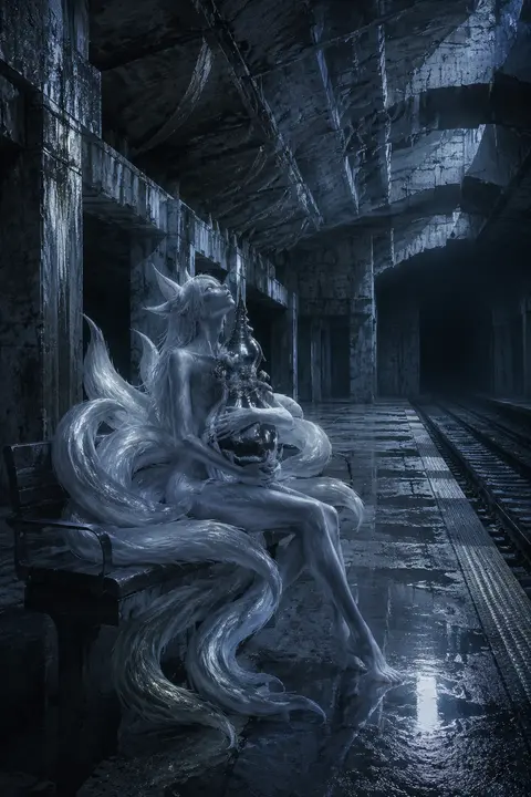 mythical nine-tailed fox spirit with a lean, androgynous silhouette, translucent - AI生成图片 3