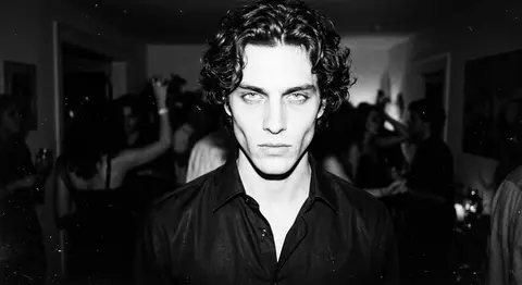 High-contrast black-and-white disposable-camera portrait from a shadowy 1990s ho - AI生成图片 1