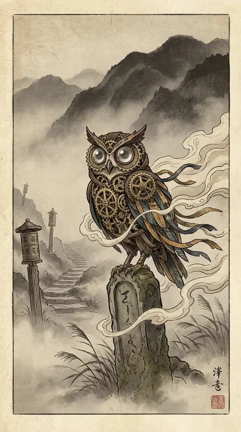 A dreamlike and serene ukiyo-e woodblock print of a clockwork owl poised on a we - AI生成图片 1