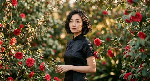 Artistic portrait of Linh Virelle, an elegant East-Asian heroine, wearing a blac - AI生成图片 1