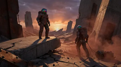 Two twin astronaut explorers stride across a colossal dawn desert of shattered m - AI生成图片 2