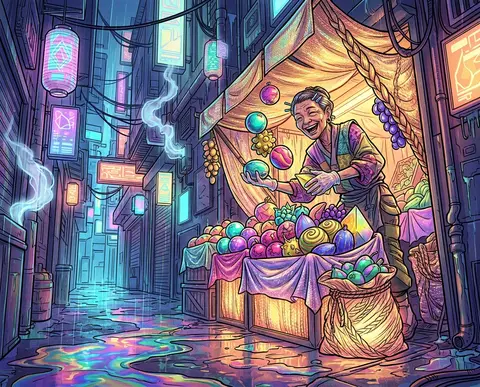 A radiant cyberpunk neon illustration of a jubilant fruit vendor in a rain-drenc - AI生成图片 3