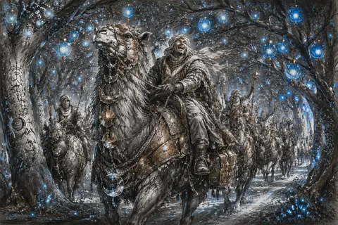 Charcoal sketch of a jubilant desert nomad caravan winding through a bioluminesc - AI生成图片 3