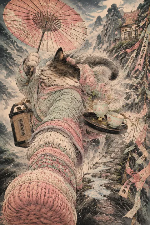 a whirlwind tea-house cat racing through a fog-drowned mountain pass, captured i - AI生成图片 1
