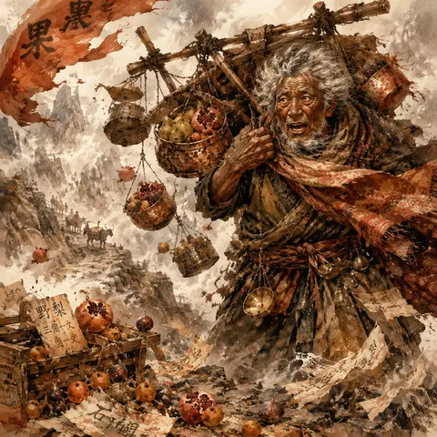 一幅充满失控生命力的水彩故事书插画：一位年长的山路果贩站在雾气翻涌的险峻关隘中央，肩背歪斜的竹架，架上悬挂着被风吹得互相碰撞的铜制果篮与裂口石榴、野梨、无花果， - AI生成图片 2
