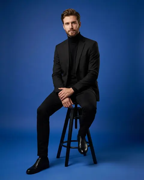 Hyper-realistic luxury studio full-body portrait of a confident young man seated - AI生成图片 3